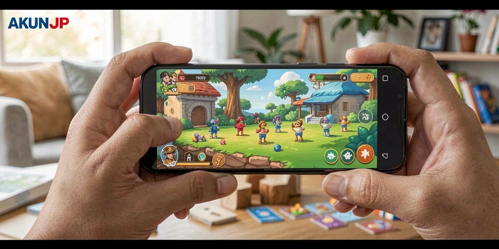 Tampilan gameplay AKUNJP yang penuh warna dan tantangan teka-teki.