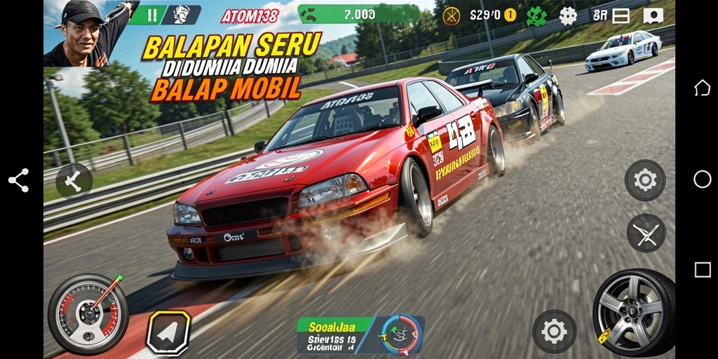 Tampilan gameplay balapan mobil di ATOM138 yang mendebarkan.