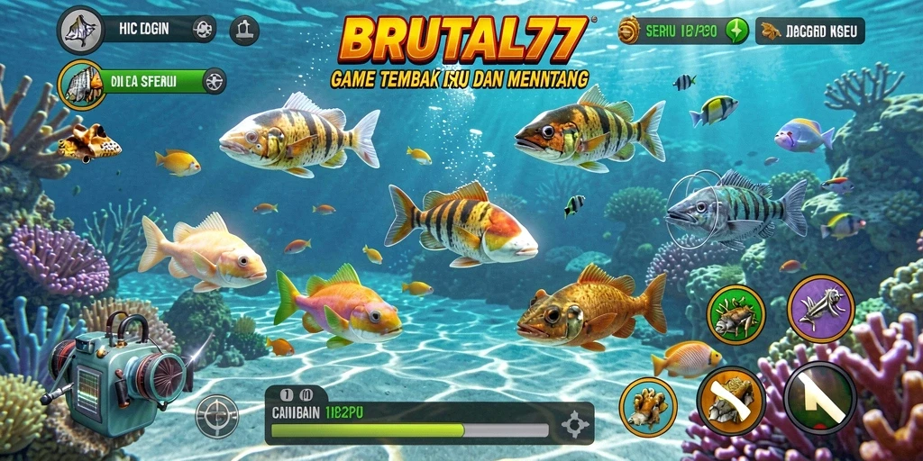 Screenshot gameplay BRUTAL77 menampilkan aksi menembak ikan yang mendebarkan.