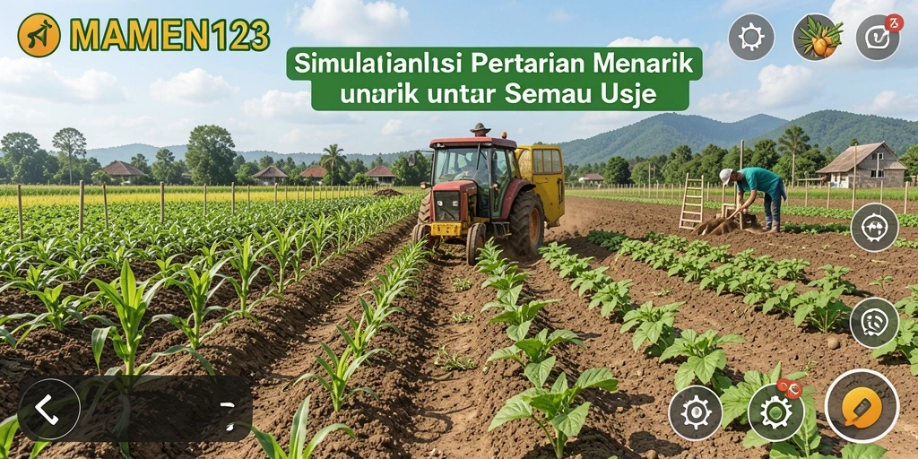 Screenshot gameplay MAMEN123 menunjukkan ladang yang subur dan aktif.